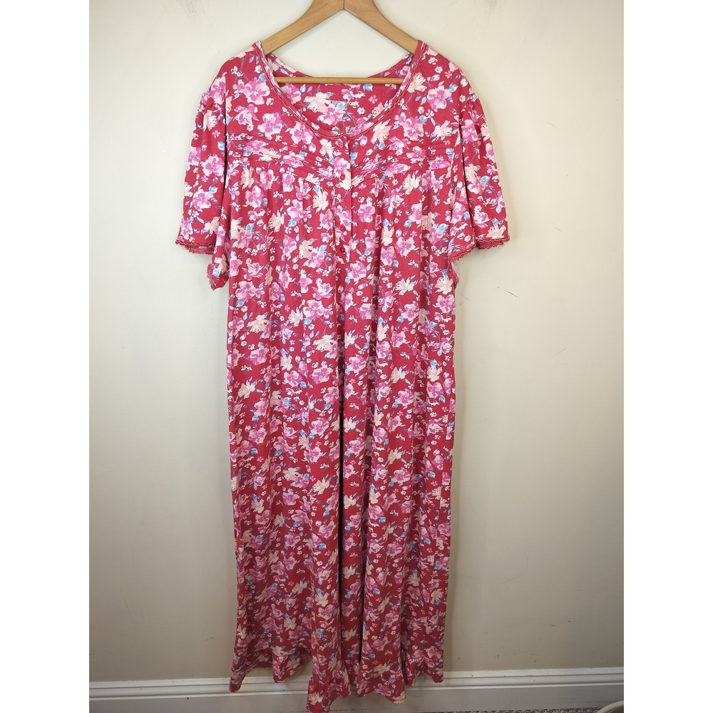 Dreams & Co Nightgown 2X 26/28 Pink Floral Cotton Pintuck Lace Trim Sleep Lounge